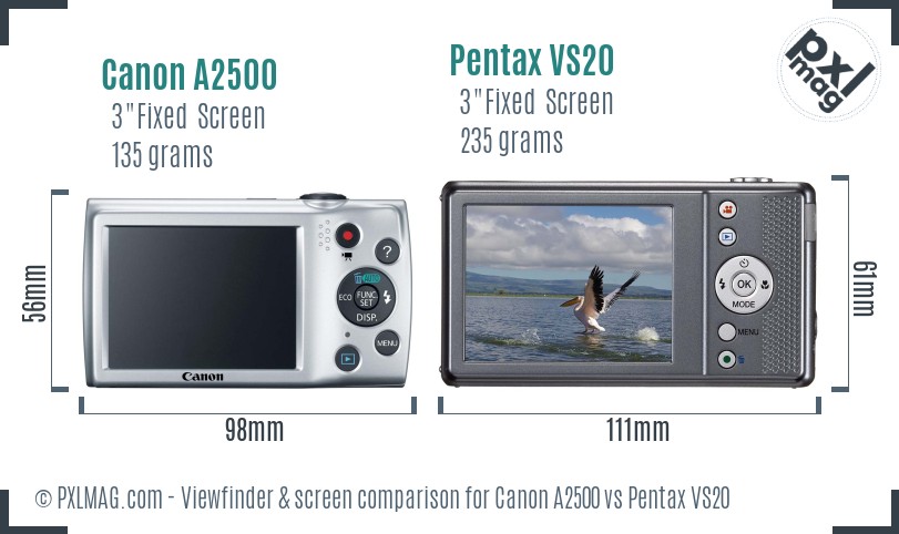 Canon A2500 vs Pentax VS20 Screen and Viewfinder comparison