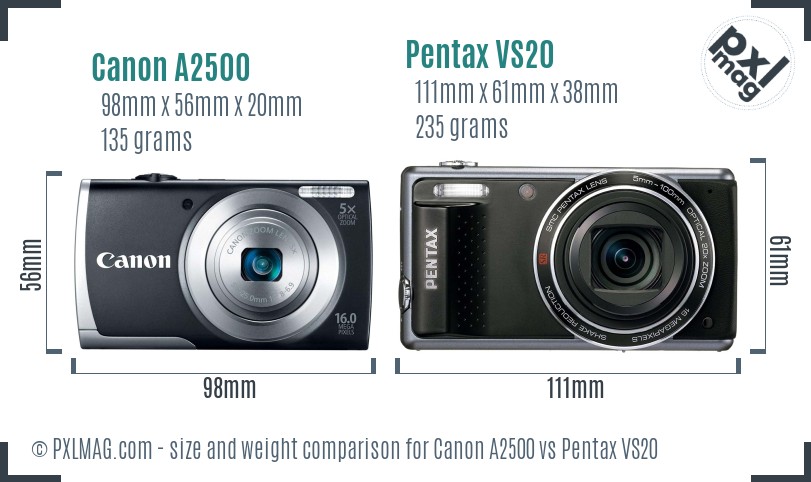 Canon A2500 vs Pentax VS20 size comparison
