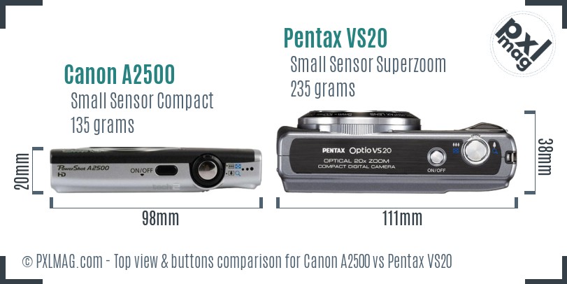 Canon A2500 vs Pentax VS20 top view buttons comparison