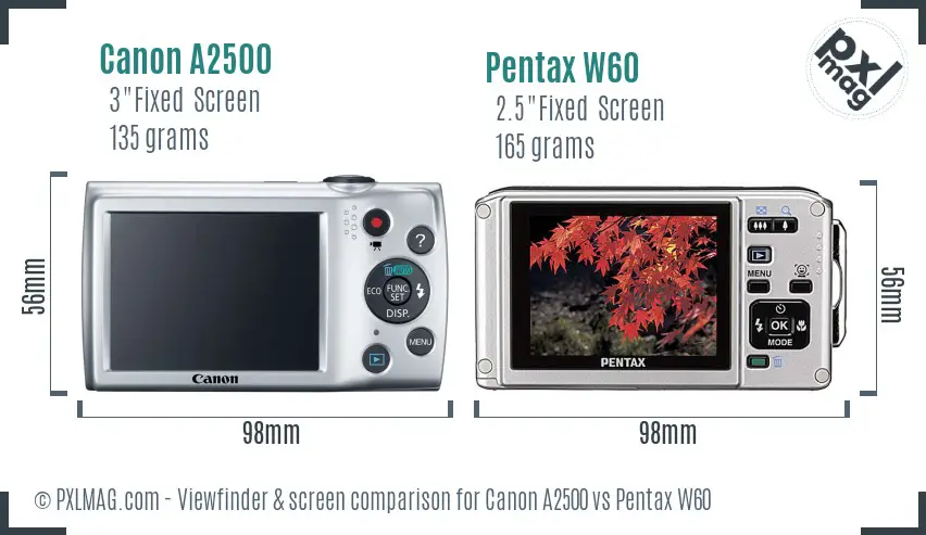 Canon A2500 vs Pentax W60 Screen and Viewfinder comparison