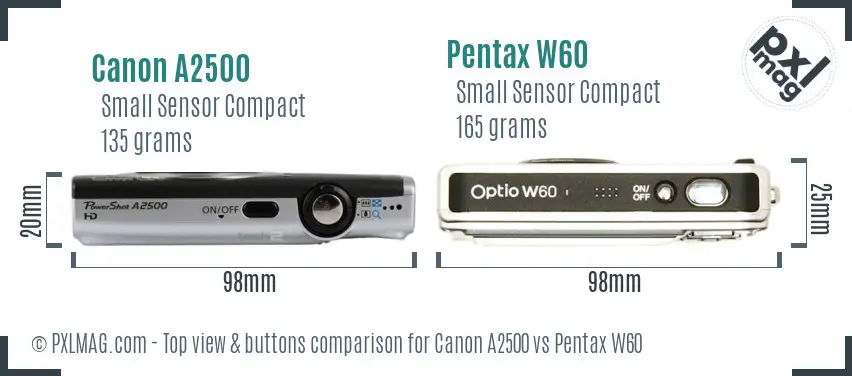 Canon A2500 vs Pentax W60 top view buttons comparison