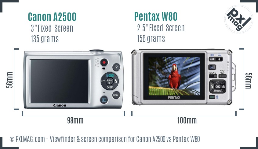 Canon A2500 vs Pentax W80 Screen and Viewfinder comparison