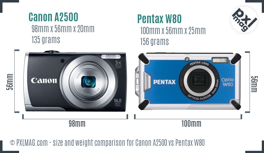 Canon A2500 vs Pentax W80 size comparison