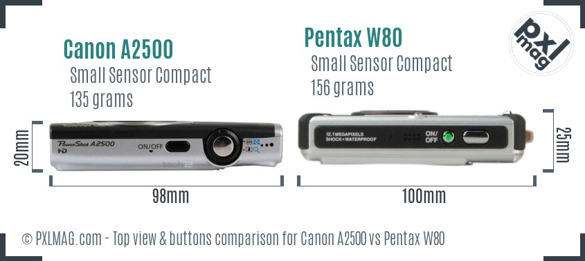 Canon A2500 vs Pentax W80 top view buttons comparison