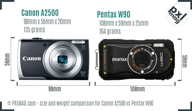 Canon A2500 vs Pentax W90 size comparison