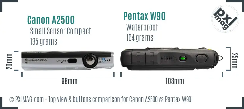 Canon A2500 vs Pentax W90 top view buttons comparison
