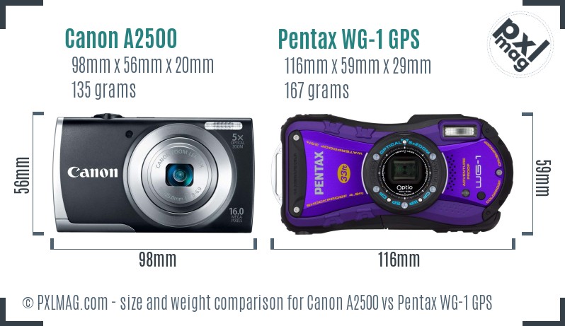Canon A2500 vs Pentax WG-1 GPS size comparison