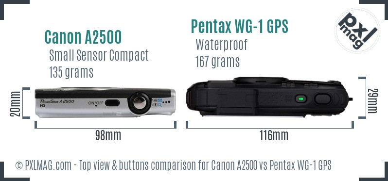 Canon A2500 vs Pentax WG-1 GPS top view buttons comparison