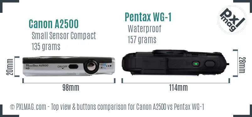 Canon A2500 vs Pentax WG-1 top view buttons comparison