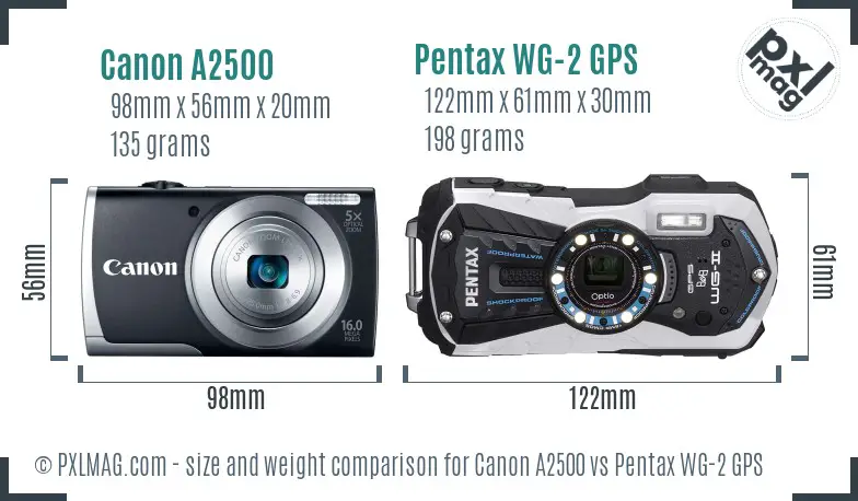 Canon A2500 vs Pentax WG-2 GPS size comparison