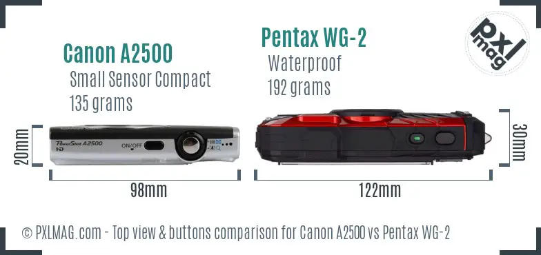 Canon A2500 vs Pentax WG-2 top view buttons comparison Canon A2500 vs Pentax WG-2 top view buttons comparison
