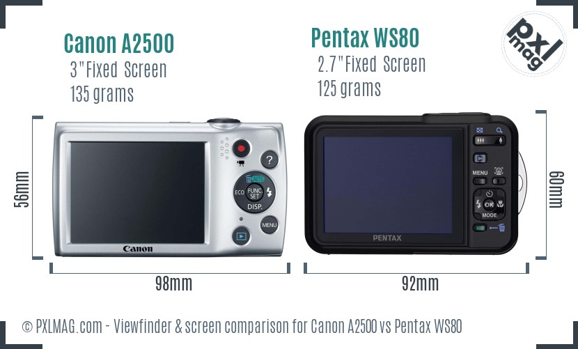 Canon A2500 vs Pentax WS80 Screen and Viewfinder comparison