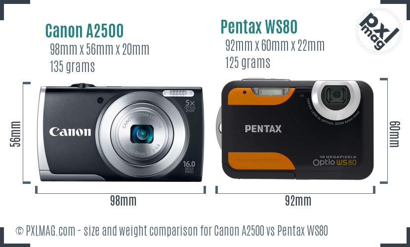 Canon A2500 vs Pentax WS80 size comparison