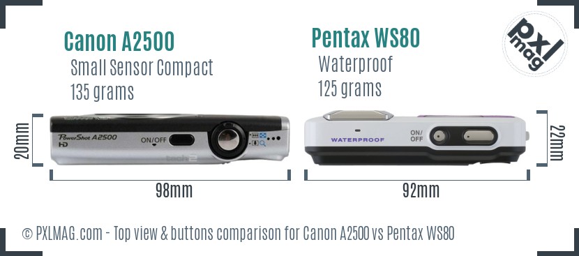 Canon A2500 vs Pentax WS80 top view buttons comparison