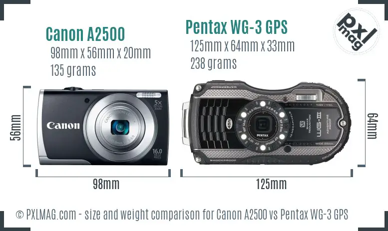 Canon A2500 vs Pentax WG-3 GPS size comparison