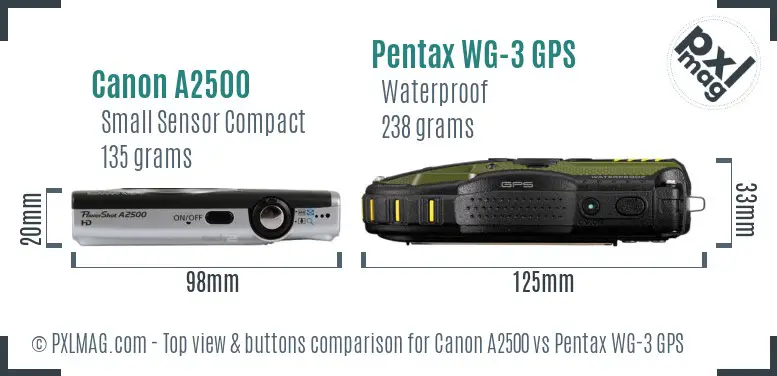 Canon A2500 vs Pentax WG-3 GPS top view buttons comparison