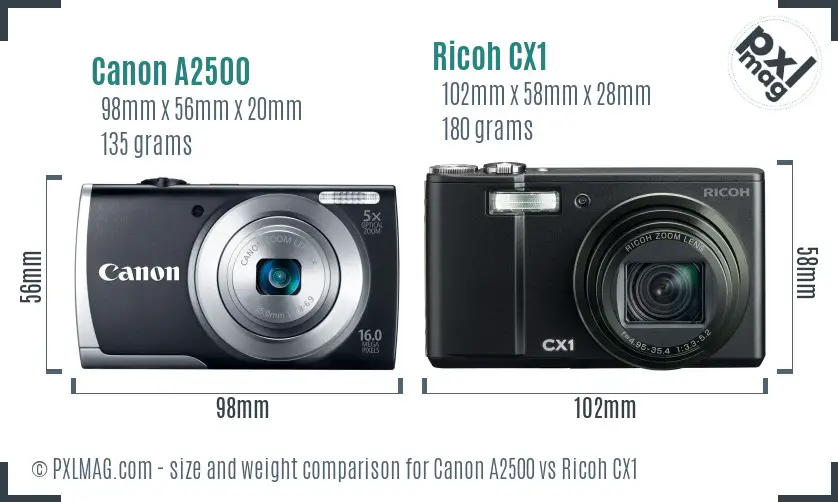 Canon A2500 vs Ricoh CX1 size comparison