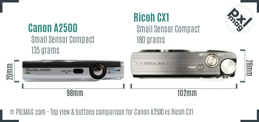 Canon A2500 vs Ricoh CX1 top view buttons comparison