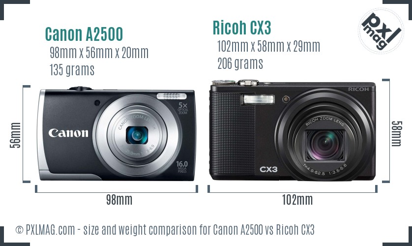 Canon A2500 vs Ricoh CX3 size comparison