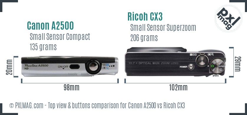Canon A2500 vs Ricoh CX3 top view buttons comparison