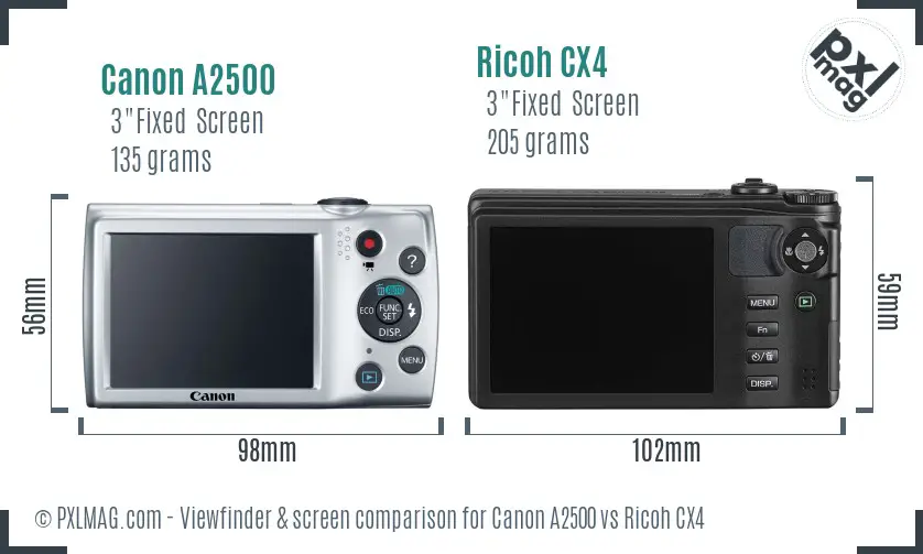 Canon A2500 vs Ricoh CX4 Screen and Viewfinder comparison