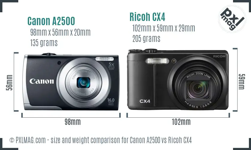 Canon A2500 vs Ricoh CX4 size comparison