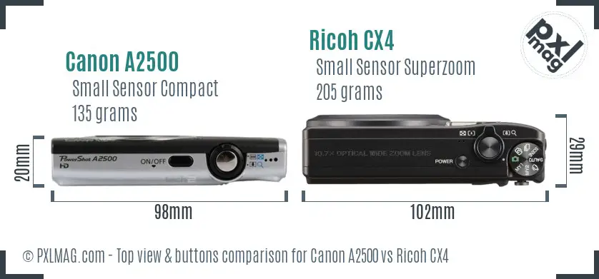 Canon A2500 vs Ricoh CX4 top view buttons comparison