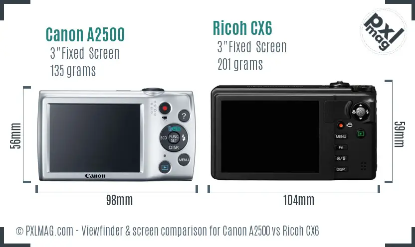 Canon A2500 vs Ricoh CX6 Screen and Viewfinder comparison