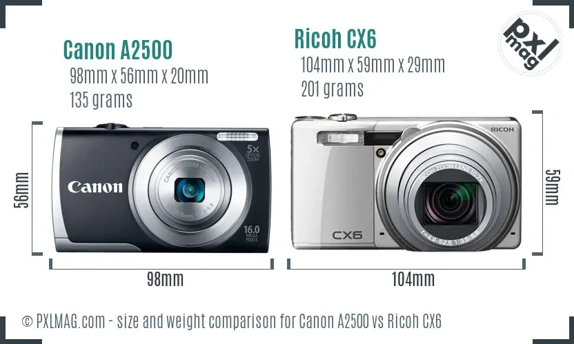 Canon A2500 vs Ricoh CX6 size comparison