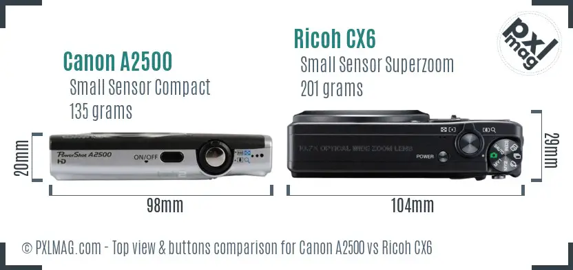 Canon A2500 vs Ricoh CX6 top view buttons comparison