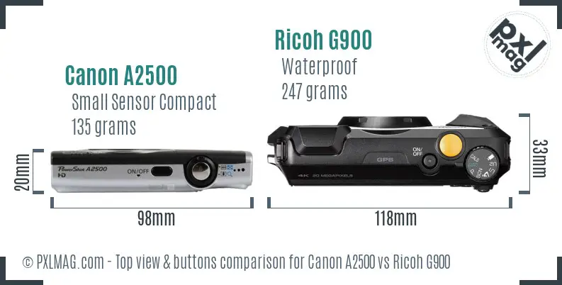 Canon A2500 vs Ricoh G900 top view buttons comparison