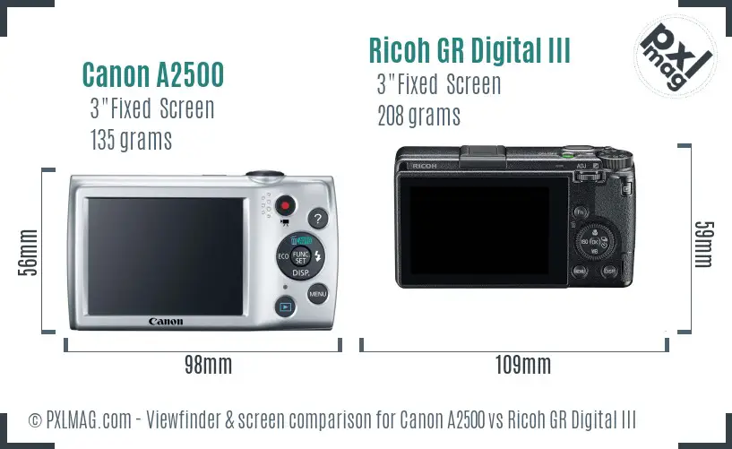 Canon A2500 vs Ricoh GR Digital III Screen and Viewfinder comparison