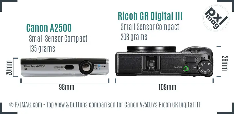 Canon A2500 vs Ricoh GR Digital III top view buttons comparison