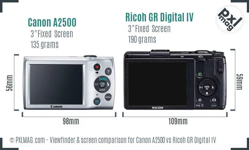 Canon A2500 vs Ricoh GR Digital IV Screen and Viewfinder comparison