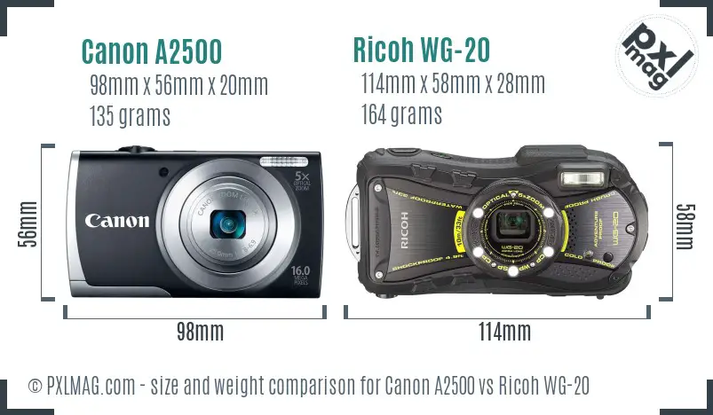 Canon A2500 vs Ricoh WG-20 size comparison