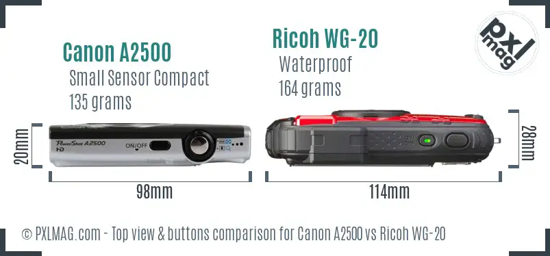 Canon A2500 vs Ricoh WG-20 top view buttons comparison