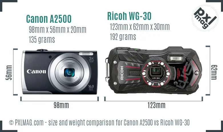 Canon A2500 vs Ricoh WG-30 size comparison