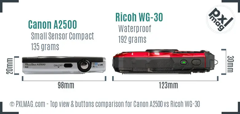 Canon A2500 vs Ricoh WG-30 top view buttons comparison