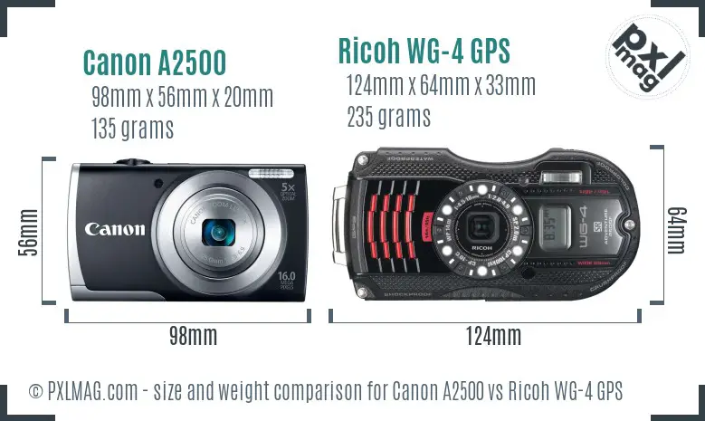 Canon A2500 vs Ricoh WG-4 GPS size comparison
