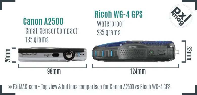 Canon A2500 vs Ricoh WG-4 GPS top view buttons comparison