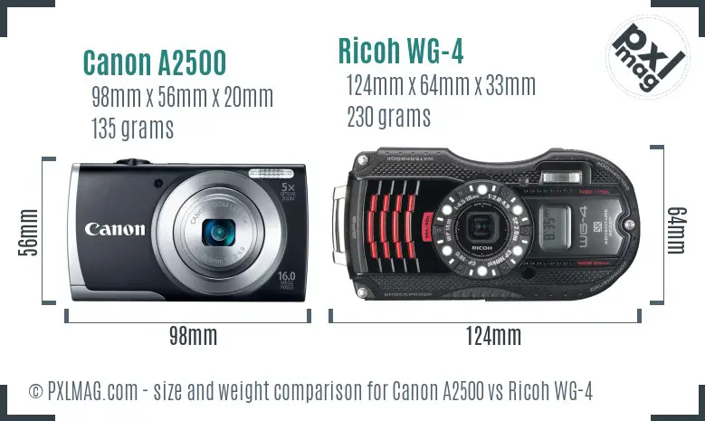 Canon A2500 vs Ricoh WG-4 size comparison