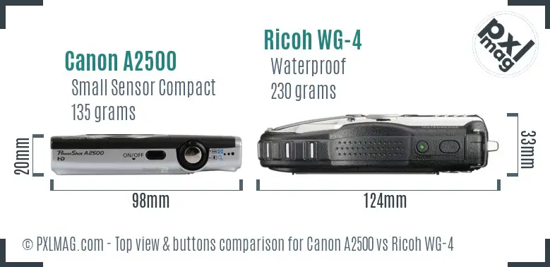 Canon A2500 vs Ricoh WG-4 top view buttons comparison