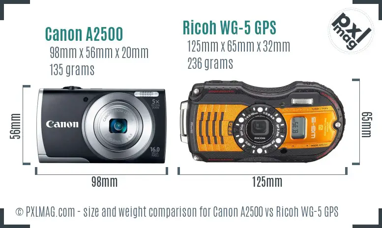 Canon A2500 vs Ricoh WG-5 GPS size comparison