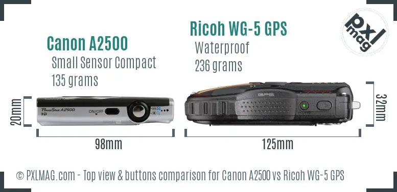 Canon A2500 vs Ricoh WG-5 GPS top view buttons comparison