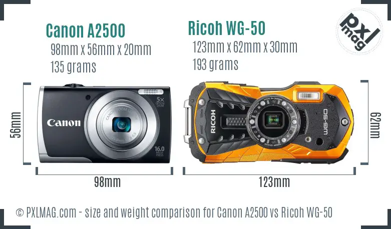 Canon A2500 vs Ricoh WG-50 size comparison