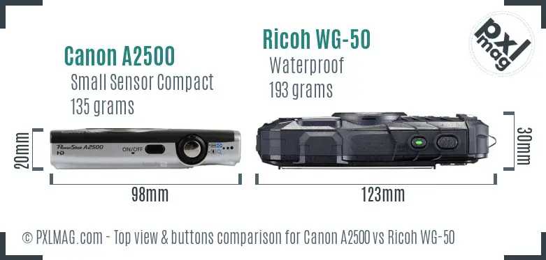 Canon A2500 vs Ricoh WG-50 top view buttons comparison