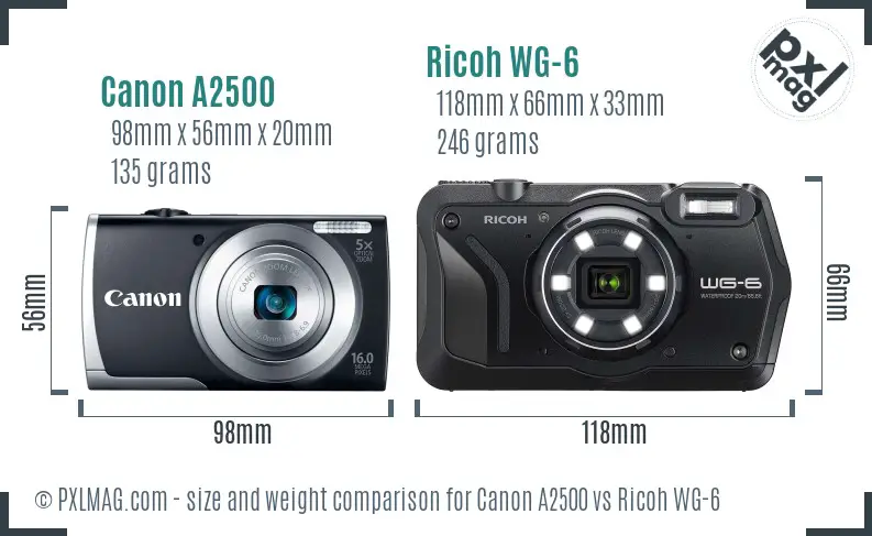 Canon A2500 vs Ricoh WG-6 size comparison