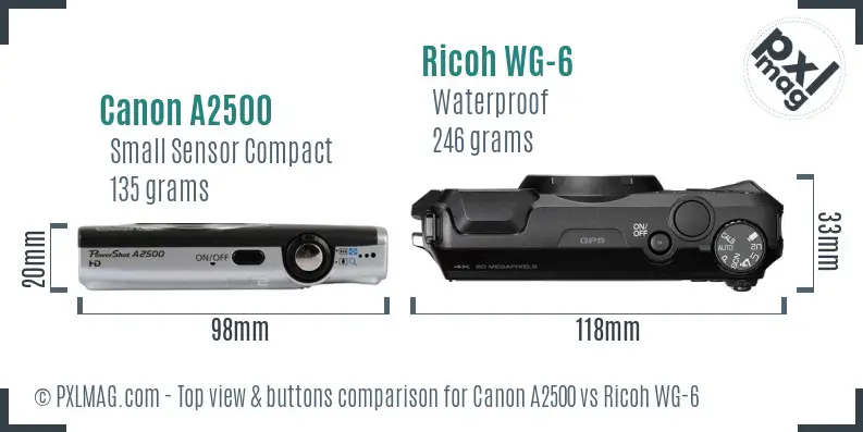 Canon A2500 vs Ricoh WG-6 top view buttons comparison