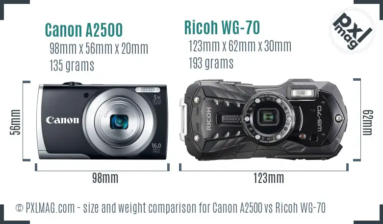 Canon A2500 vs Ricoh WG-70 size comparison