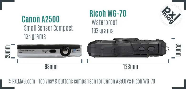 Canon A2500 vs Ricoh WG-70 top view buttons comparison